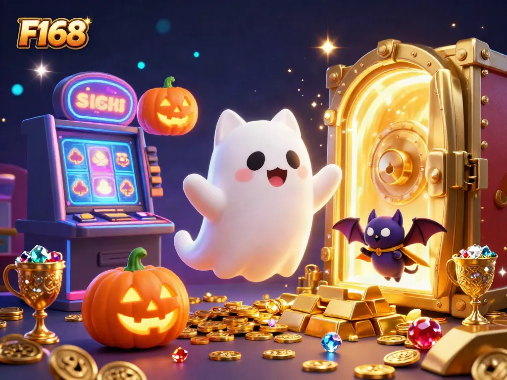 Engage with F168's thrilling casino adventure featuring a cartoon ghost cat and vampire bat amidst sparkling jackpots.