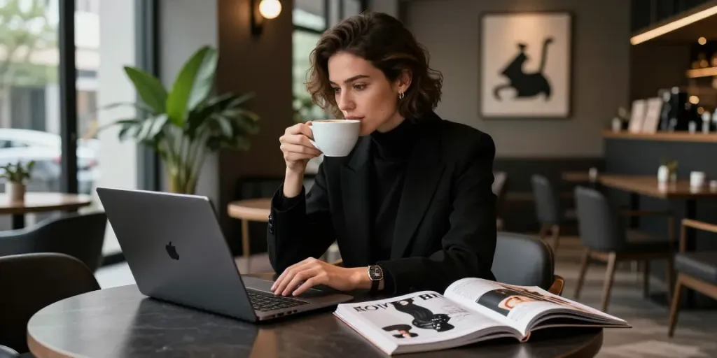 Chic individual enjoying coffee in stylish black attire at a modern café, embodying rokok88's elegance and luxury.