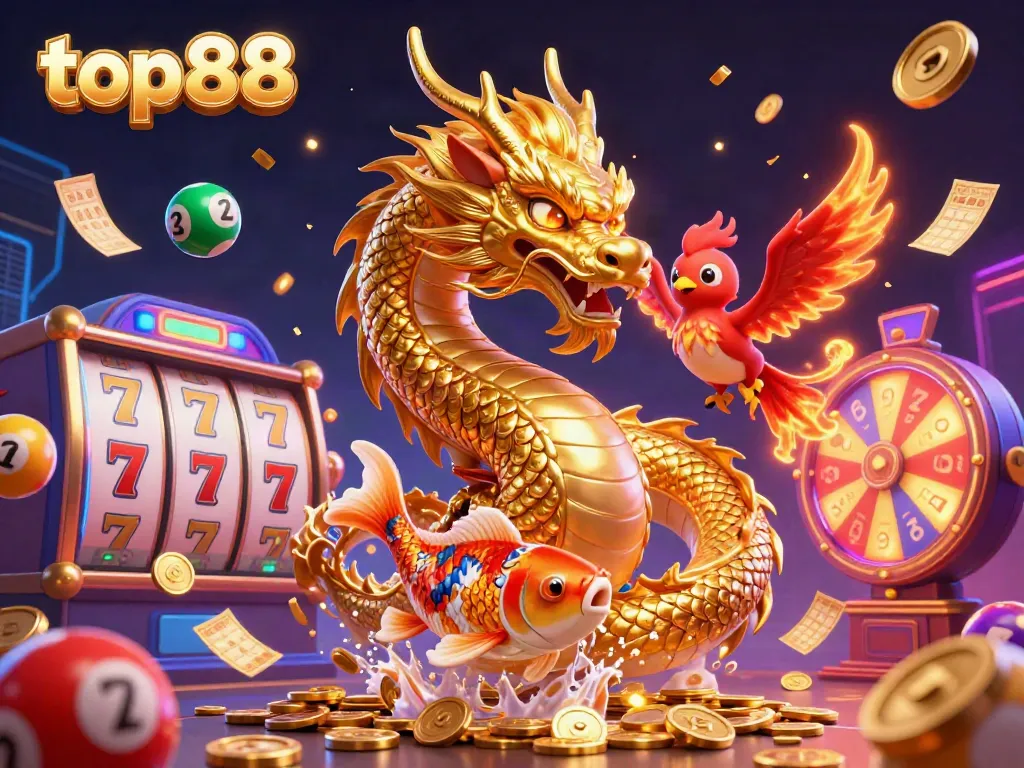 Experience the thrilling world of slots with top88, featuring majestic dragon and phoenix in an action-packed casino scene.