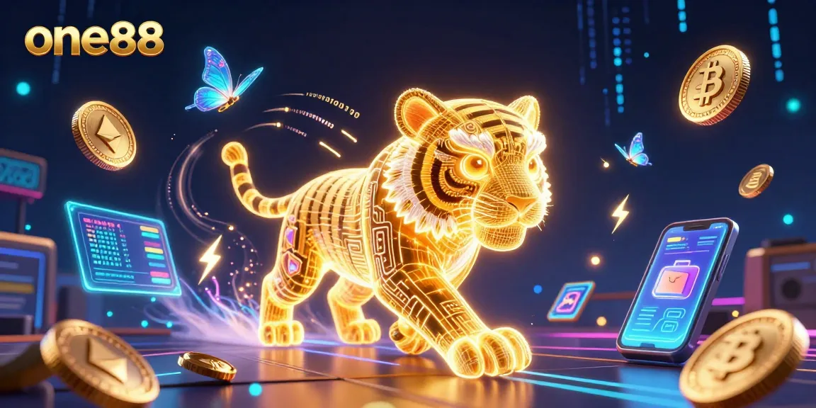Engage in thrilling experiences at one88 with vibrant neon visuals and crypto elements.