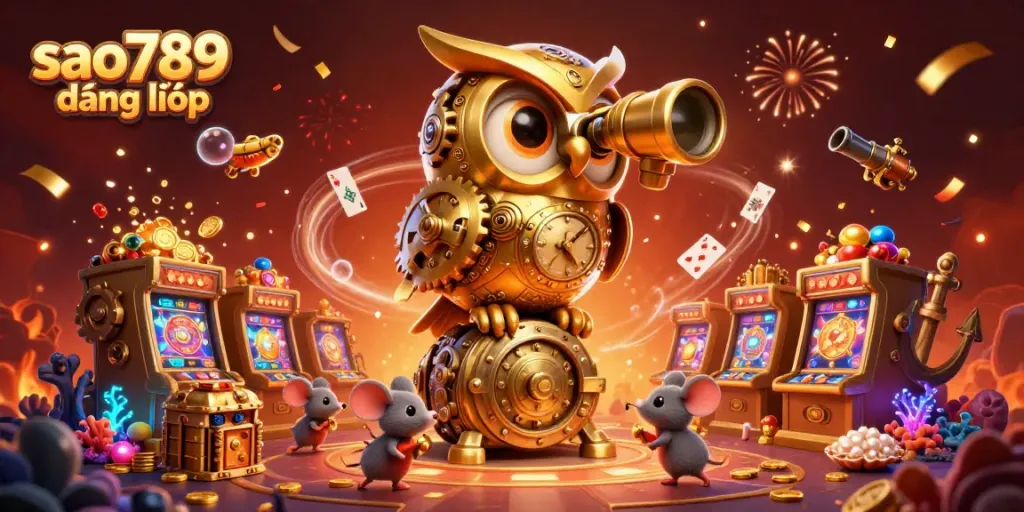 Engage with the vibrant sao789 đăng nhập scene showcasing a clockwork owl scanning a dynamic casino floor.