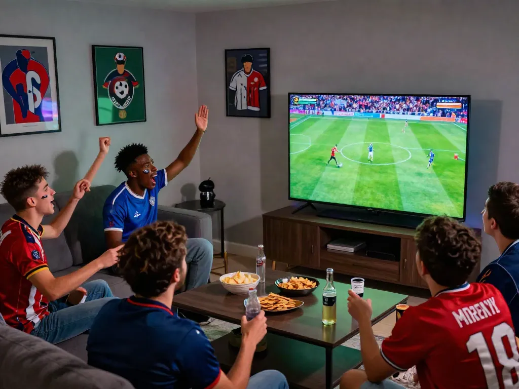 Excited fans enjoying cà khịa tv live football match in a cozy setting.