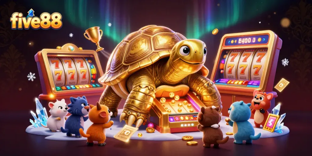 Experience exciting gameplay at five88 with a golden tortoise and dynamic slot game elements.