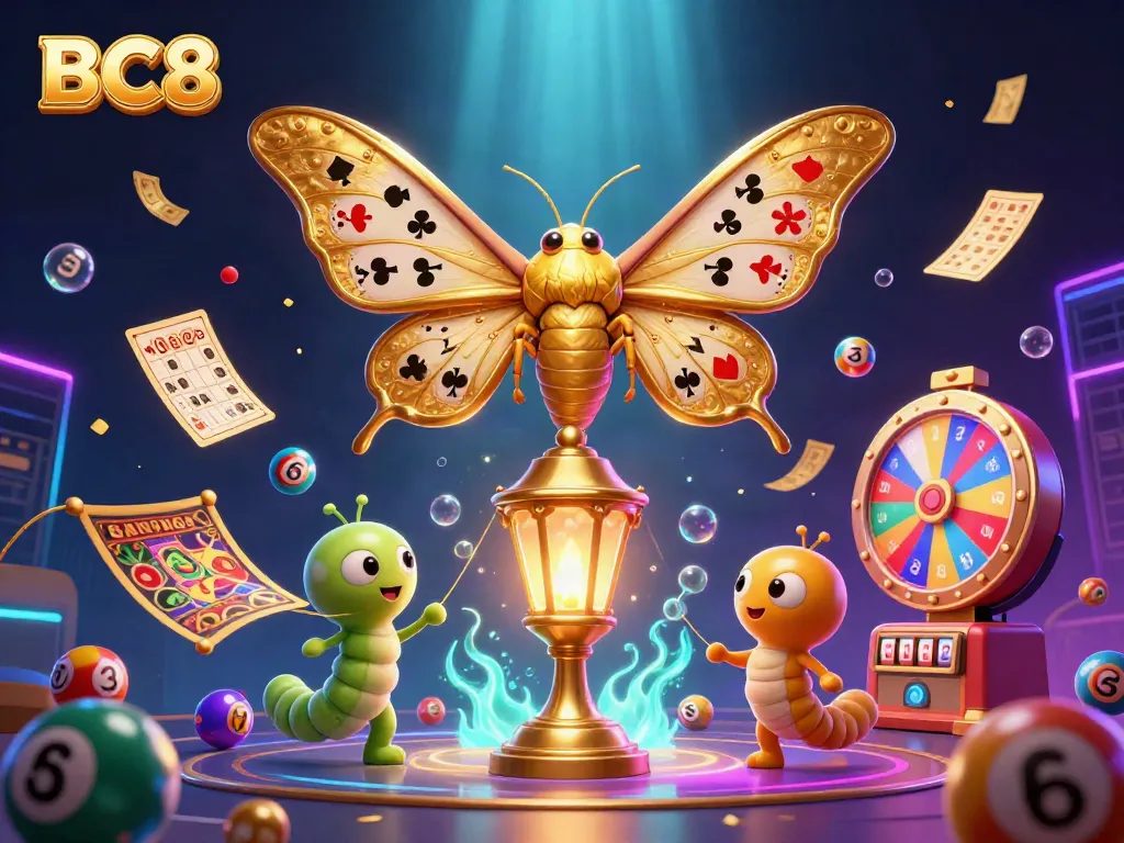 Experience the excitement of BC8 with colorful casino games and lottery elements in a vibrant scene.