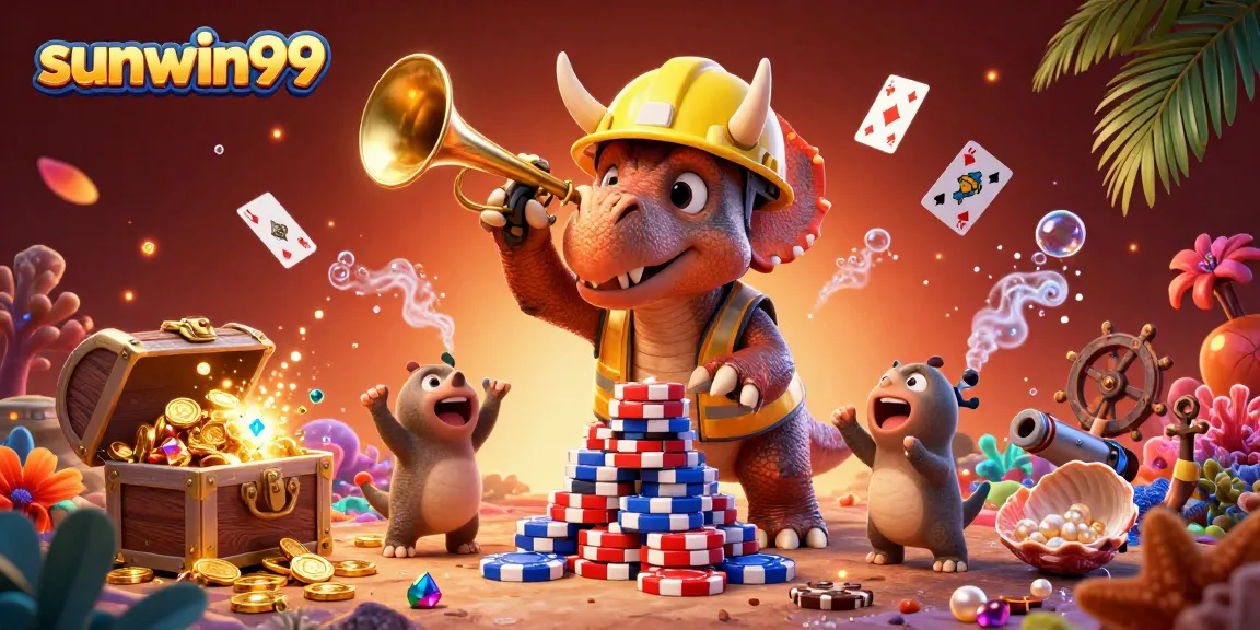 Celebrate wins at sunwin99 with a vibrant 3D casino scene filled with poker chips, cheering characters, and underwater treasures.