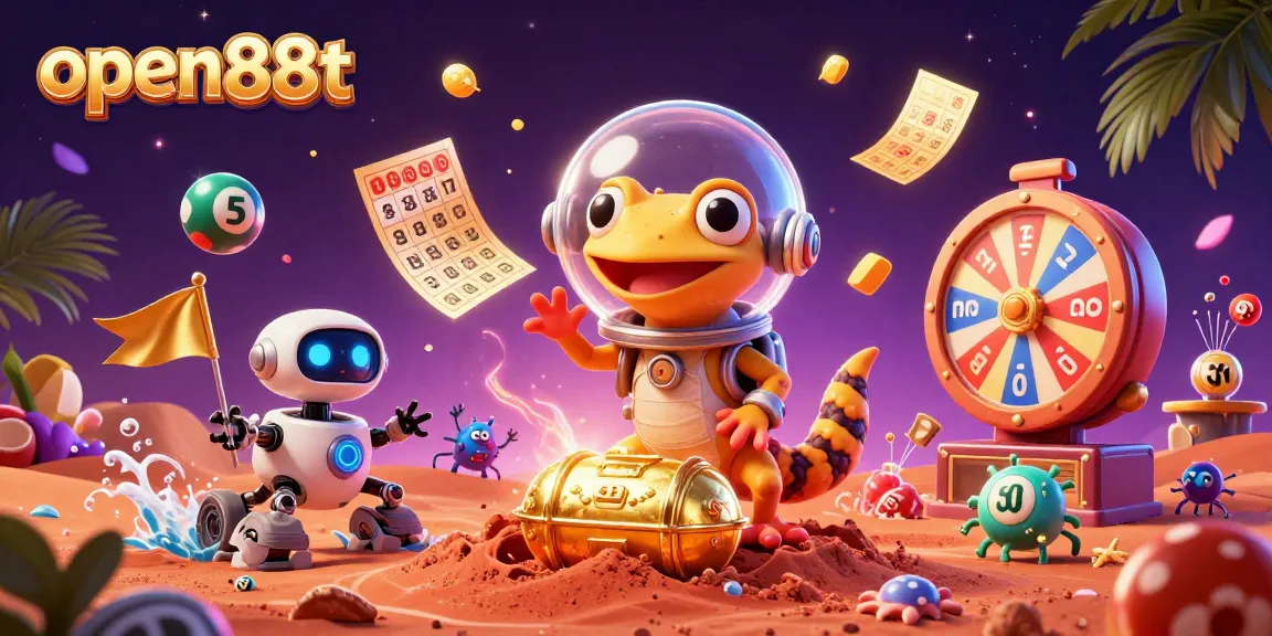 Engage with open88t by discovering exciting alien-themed casino games and prizes in this vibrant 3D illustration.