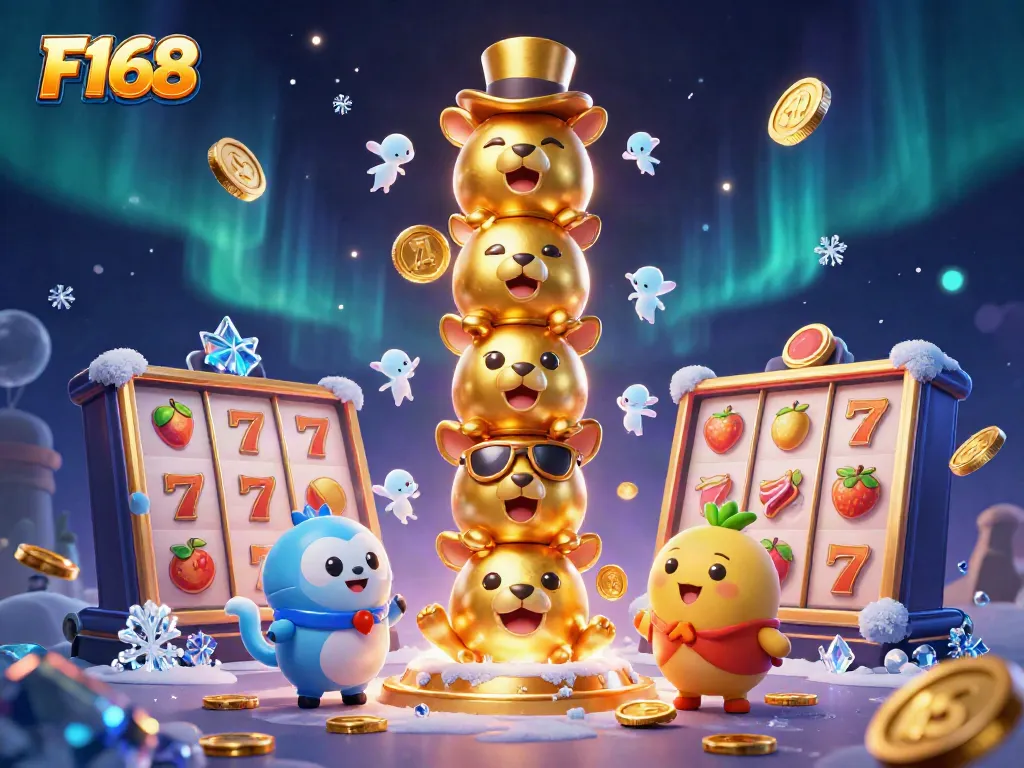 Experience F168 slots excitement with dynamic totem pole and colorful gambling elements.