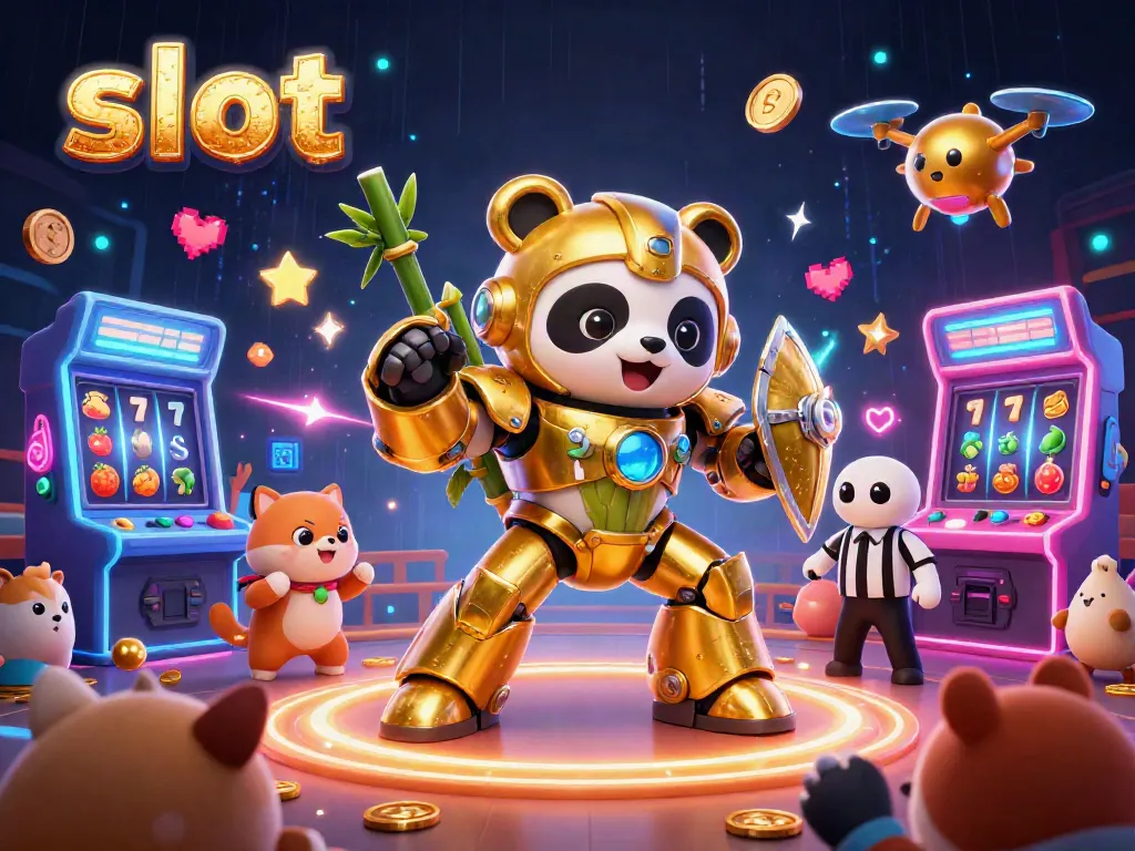 Engage with the vibrant slot arcade scene showcasing a panda mech robot amidst thrilling game elements.