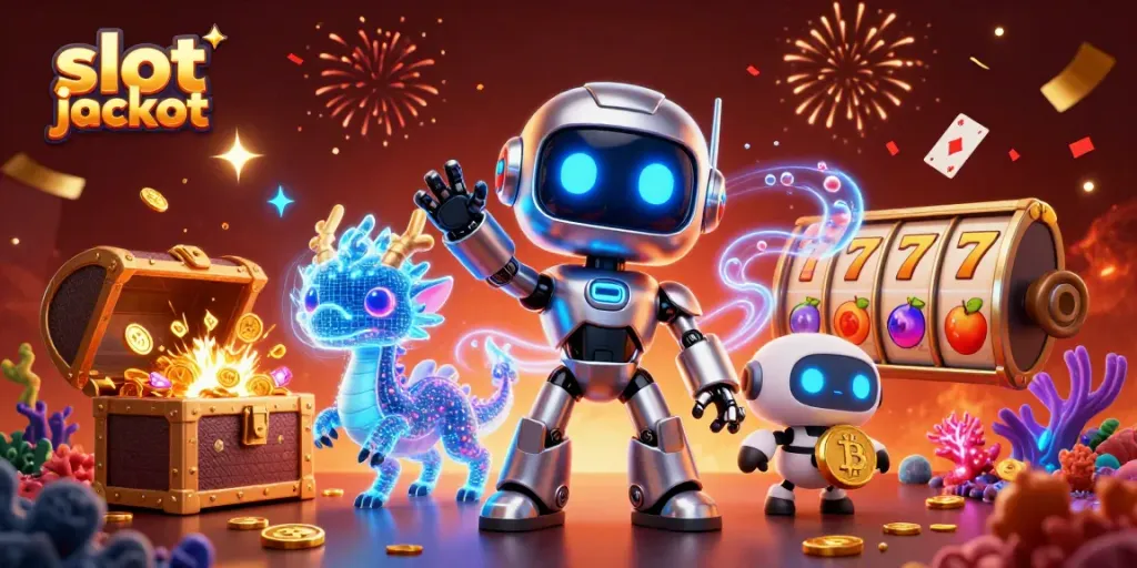 Experience the excitement of slot jackpot wins in this vibrant 3D casino illustration filled with dynamic elements.