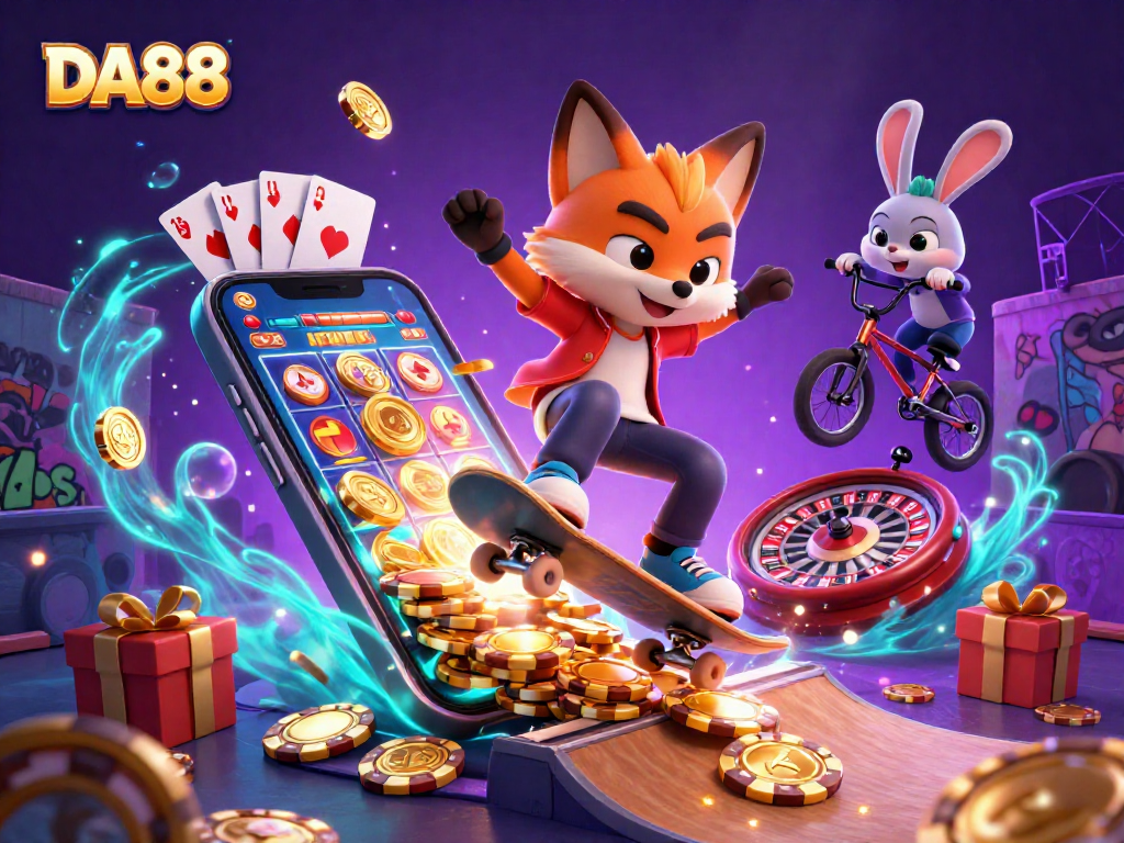 DA88 showcases a vibrant 3D illustration of a skateboarder fox and rabbit performing casino-themed stunts.