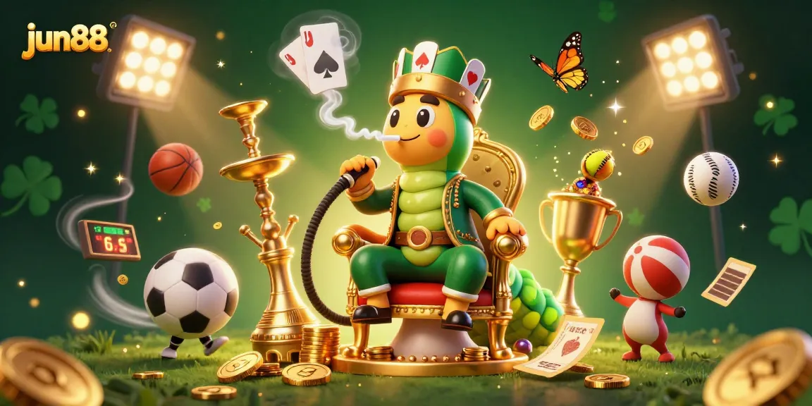 jun88's vibrant online gambling world with sports elements and animated characters in a dazzling scene.