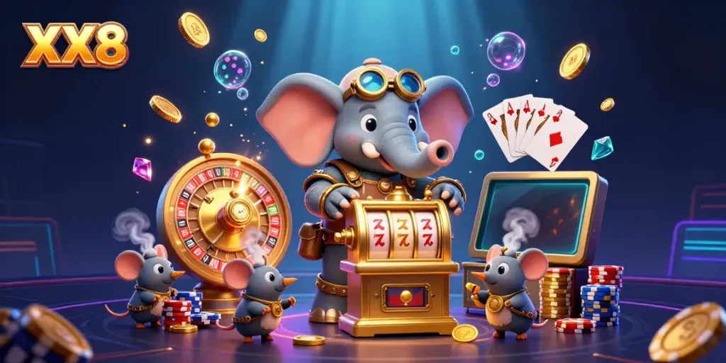 Experience exhilarating gaming with the XX8 steampunk-themed casino scene filled with vibrant gaming elements.
