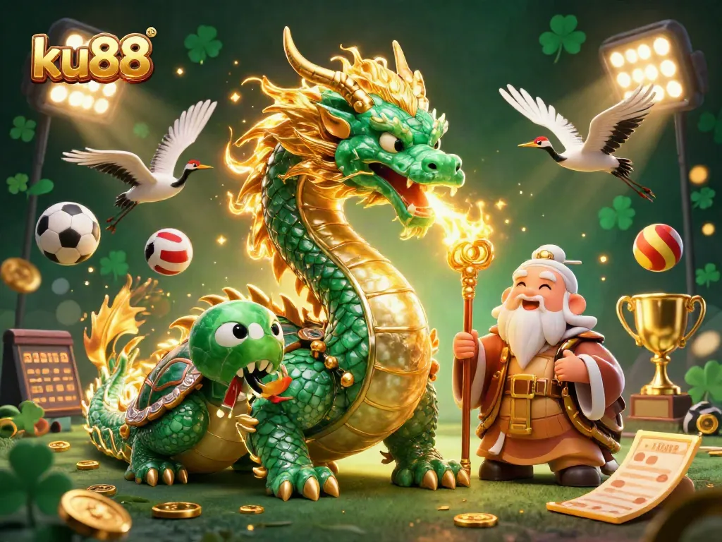 ku88 unleashes excitement with a dynamic illustration of a jade dragon amidst vibrant casino elements.