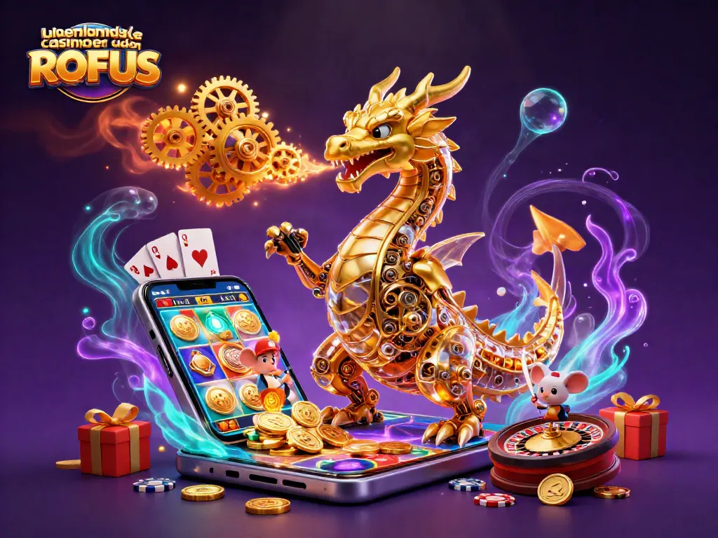 Engage with udenlandske casinoer uden ROFUS through a vibrant 3D illustration of a dragon and gaming elements.