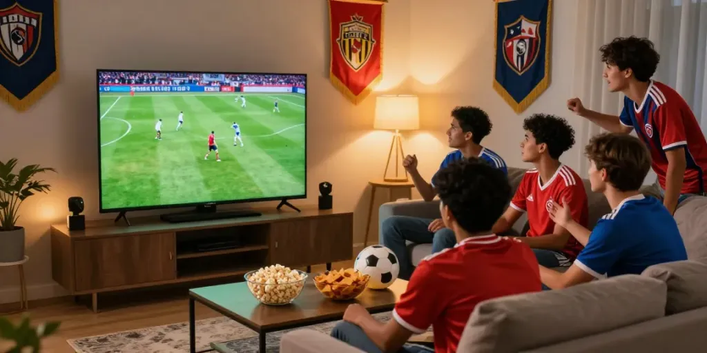 Xôi Lạc TV gathering friends watching soccer match in HD.