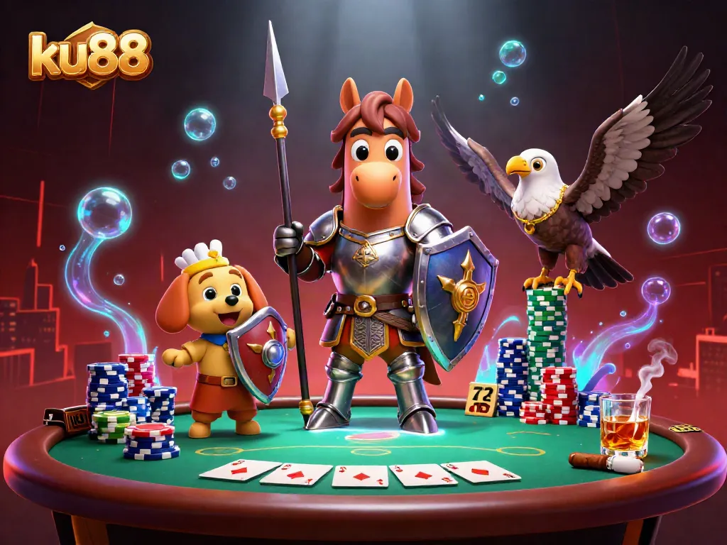 ku88 engages players in a vibrant online casino scene with knights and poker elements.