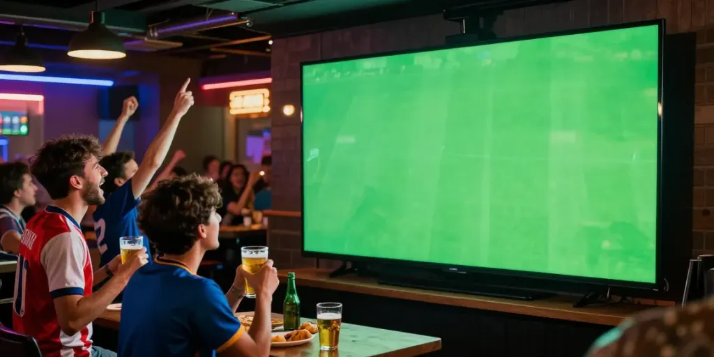 Excited fans enjoying cà khại tv broadcasts in a vibrant sports bar atmosphere.