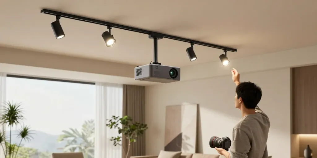 Iluminat pe sina magnetică în interior modern cu spoturi LED