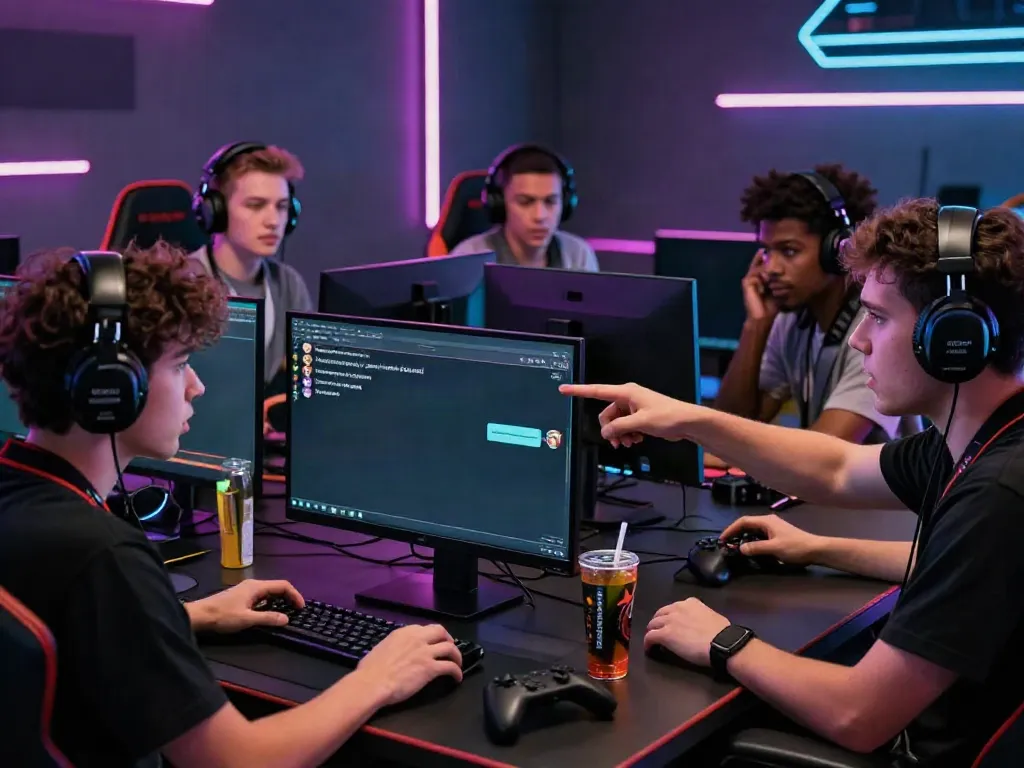 Players in a modern gaming setup discussing rokok88 and the risks of extreme ideologies.