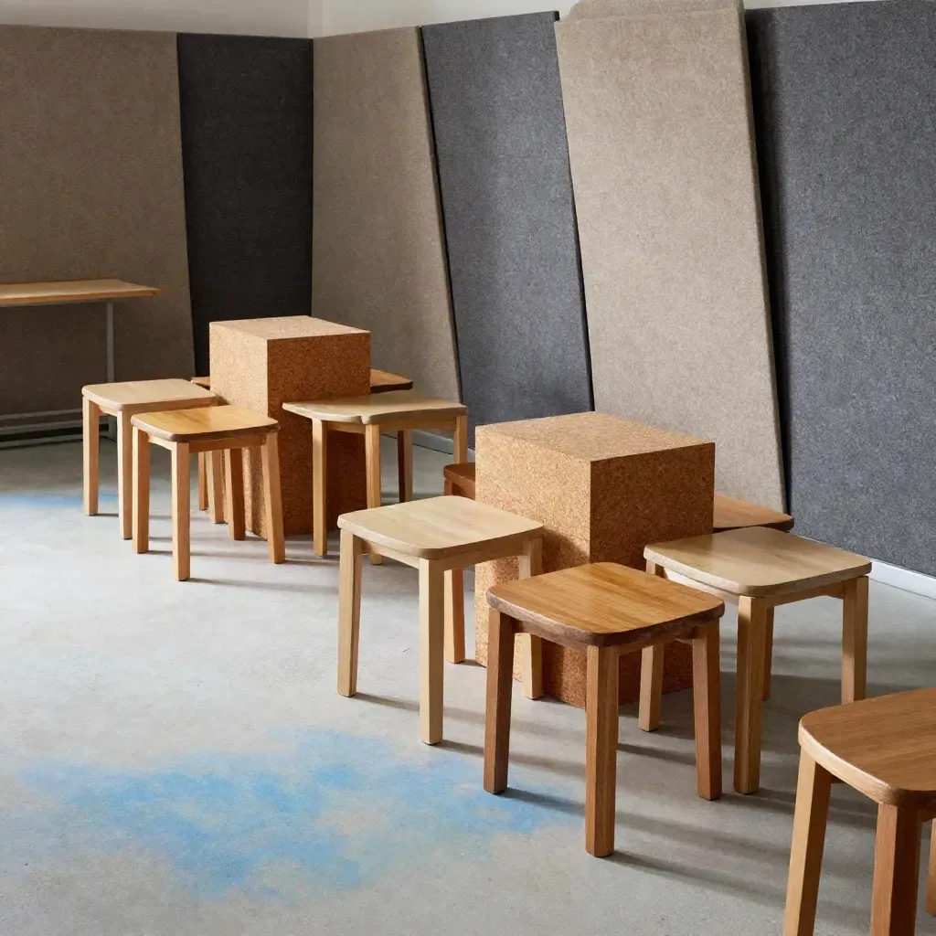 Modular workshop room with stools, cork blocks and felt panels in soft daylight.