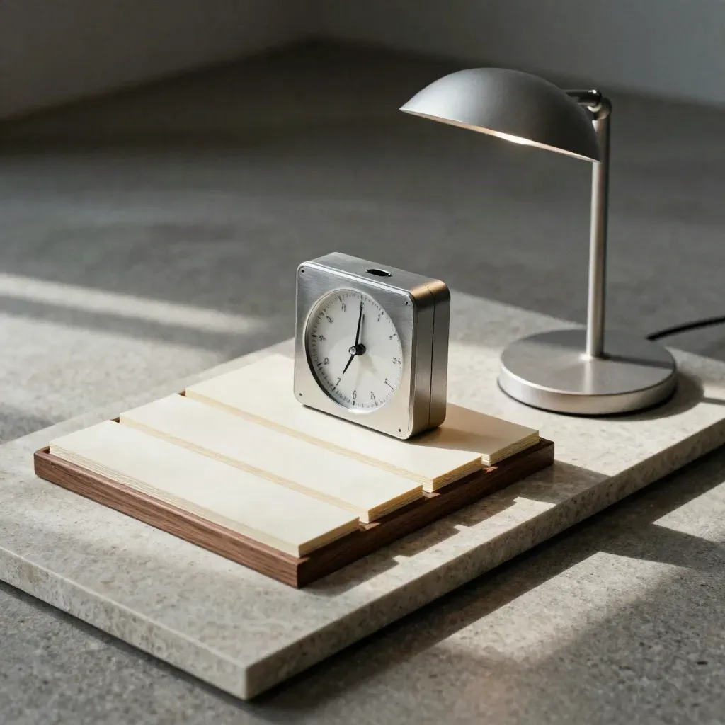 Brushed timer, aligned trays, slips and task lamp on stone in cool diagonal light