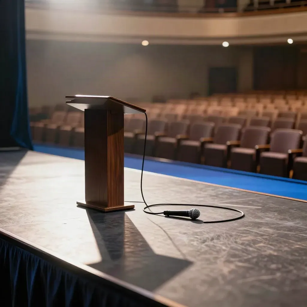 Empty keynote stage edge with lectern silhouette, coiled mic cable, and glowing theater rows