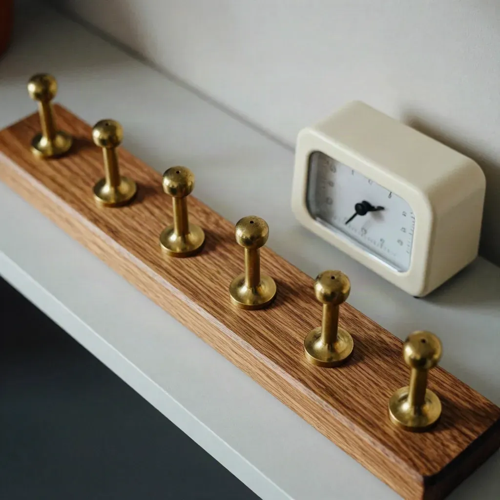 Top-down scorecard rail with brass markers and a kitchen timer on warm oak