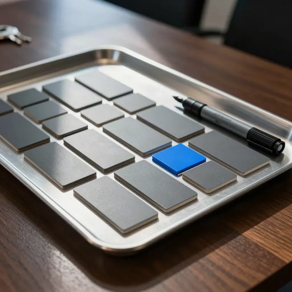 Magnetic workflow tiles, marker and aluminum tray on a walnut surface, one tile out of sequence.