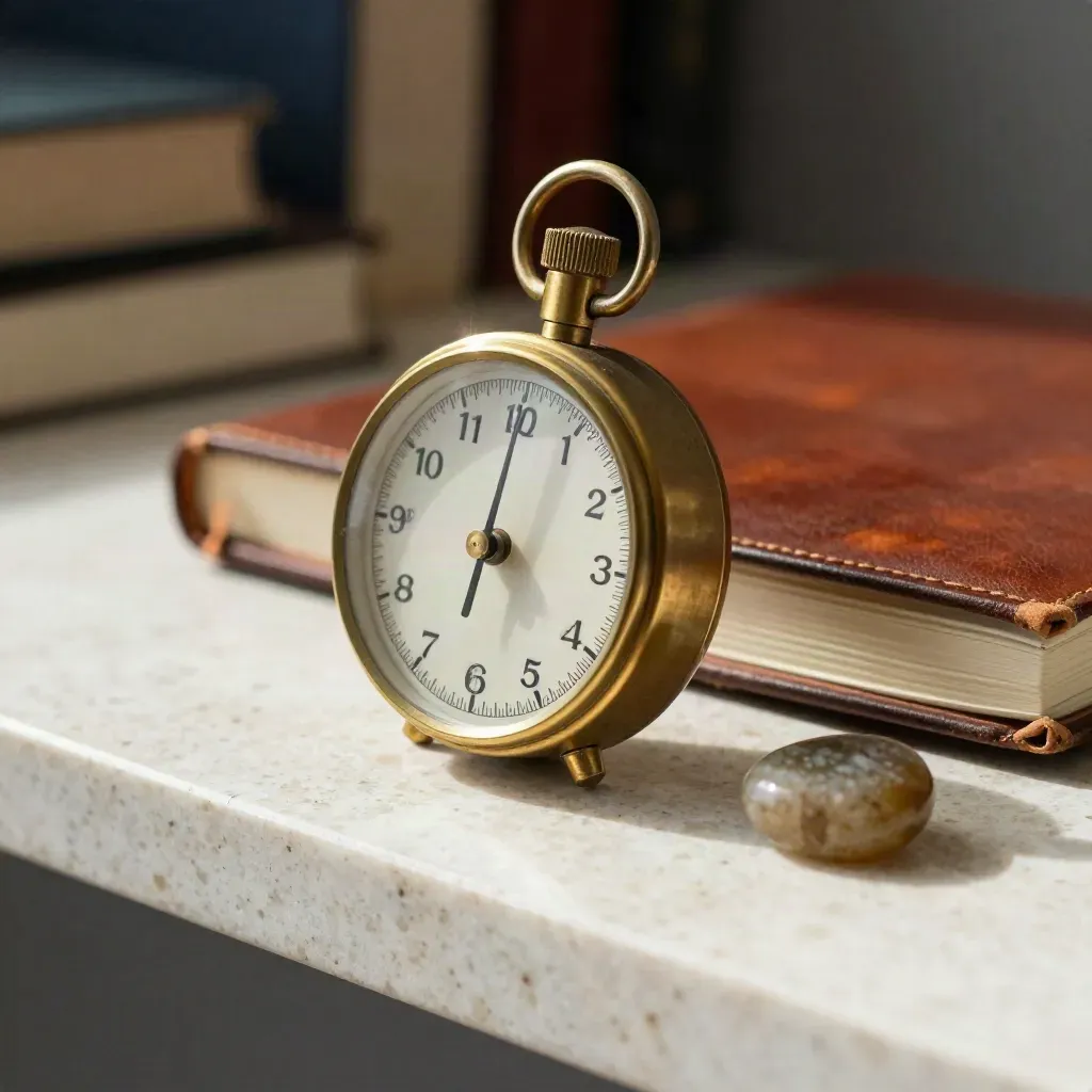 Brass timer, leather notebook and stone weight on travertine in a coach’s workspace