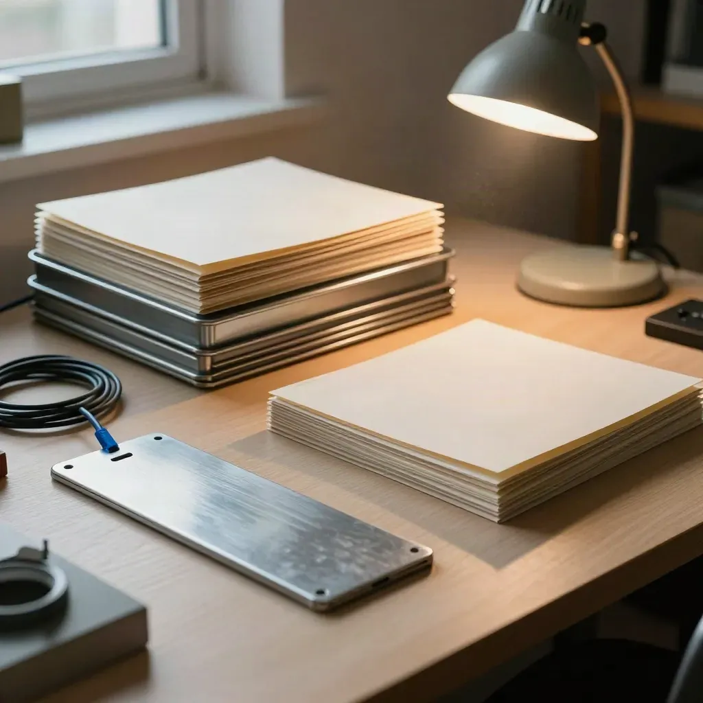 Warm studio workbench with trays, sealed folders and a glowing task lamp