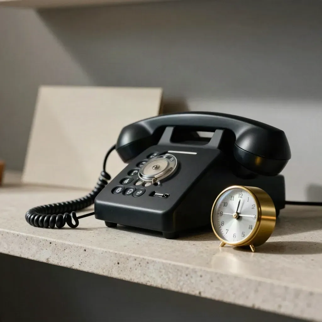 Off-hook black desk phone beside a brass ring timer on a stone shelf