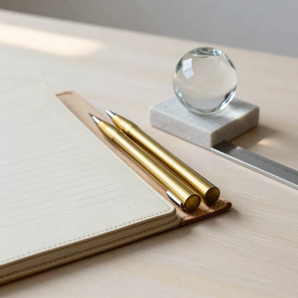 Brass markers, closed folder, and glass paperweight on pale wood