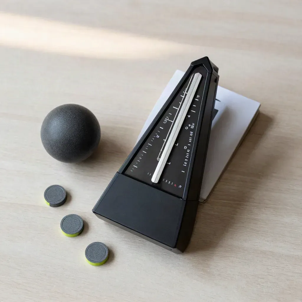 Overhead flatlay of a black timer, stress ball and workflow tokens on pale ash wood.