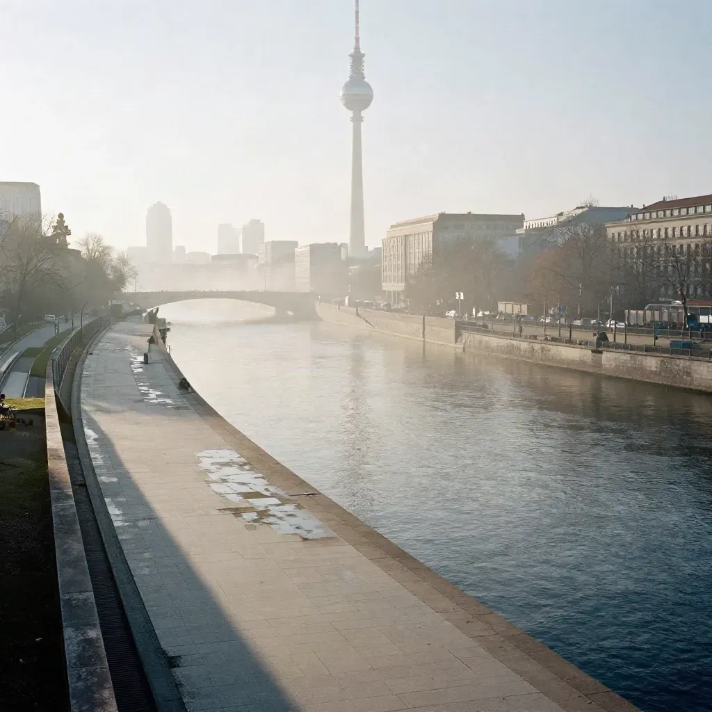 Berlin skyline at dawn with the Fernsehturm above misty Spree and open embankment below.