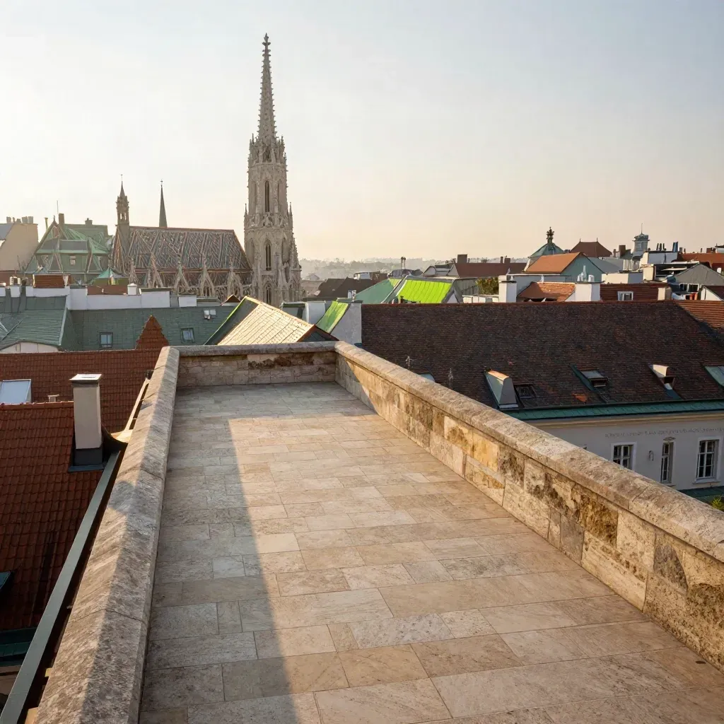 Vienna rooftops at sunrise with St. Stephen’s spire above a calm stone terrace.