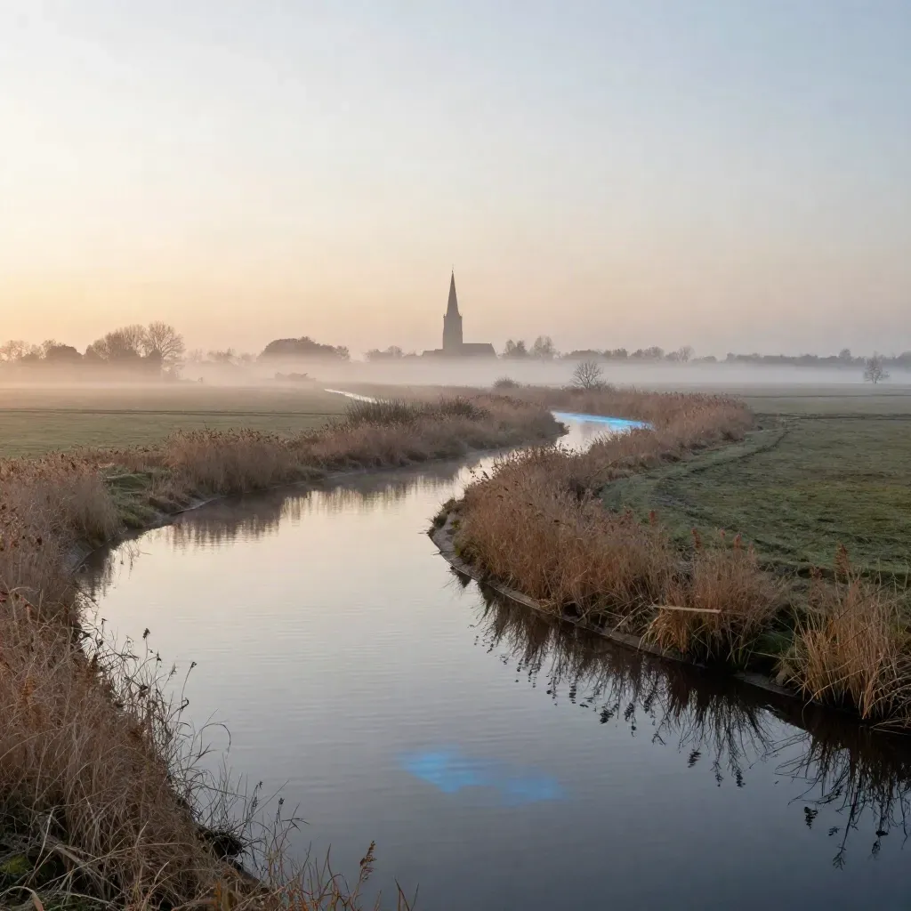 Sunrise over Dutch canals and reed beds with a distant church tower in mist.