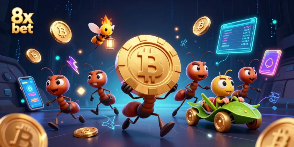 Engage in thrilling gameplay with 8x bet, as playful ants carry oversized poker chips in a vibrant casino atmosphere.