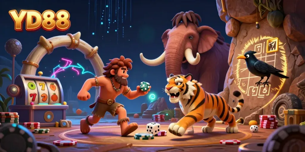 YD88 invites you to a thrilling casino experience with a playful caveman and sabertooth tiger at the helm.