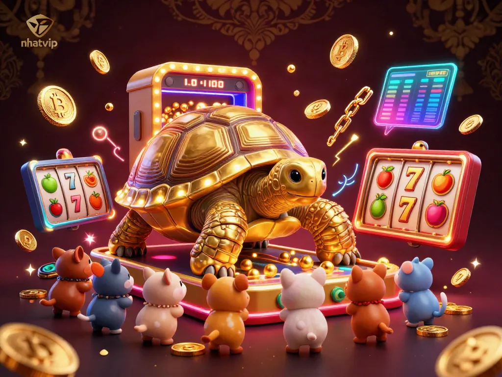 Nhatvip offers thrilling slot gameplay with a golden tortoise pinball scene and neon crypto elements.