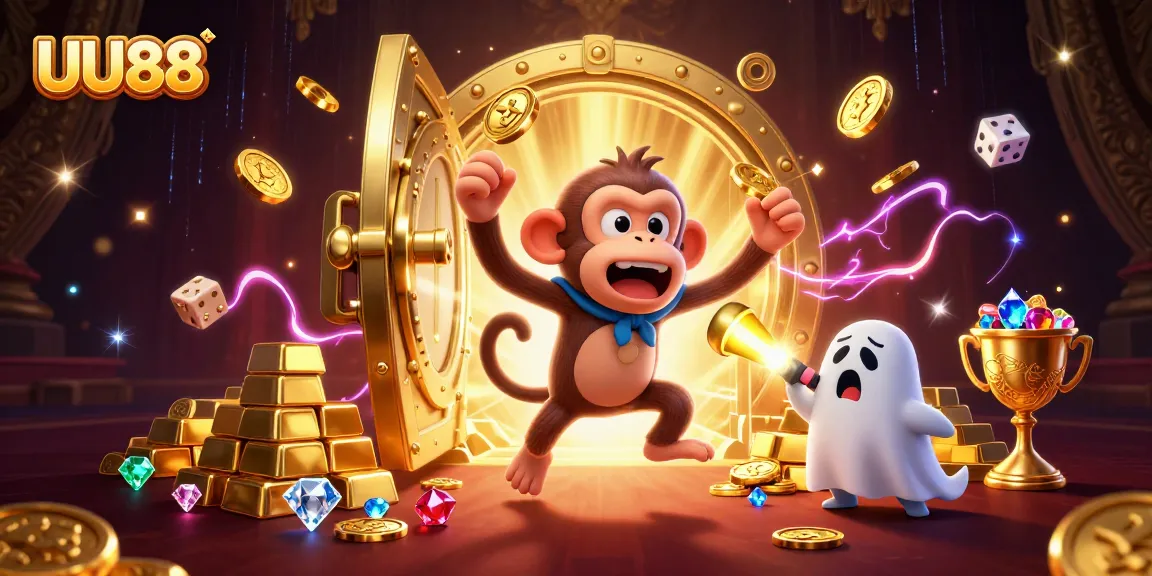 Engage with UU88's lively gaming scene featuring a mischievous monkey and curious puppy in a haunted casino.