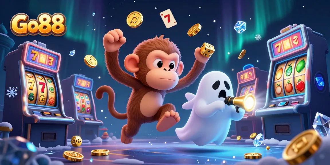 Engage with Go 88's thrilling haunted casino scene featuring playful ghosts and dynamic slot game elements.