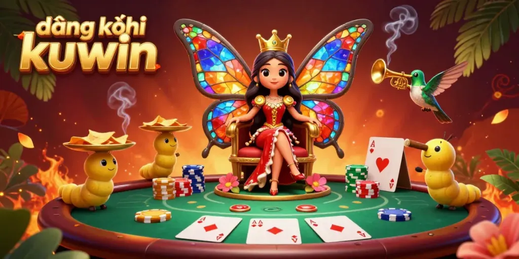 Experience the thrill of đăng ký kuwin with a vibrant 3D casino scene featuring a butterfly queen.