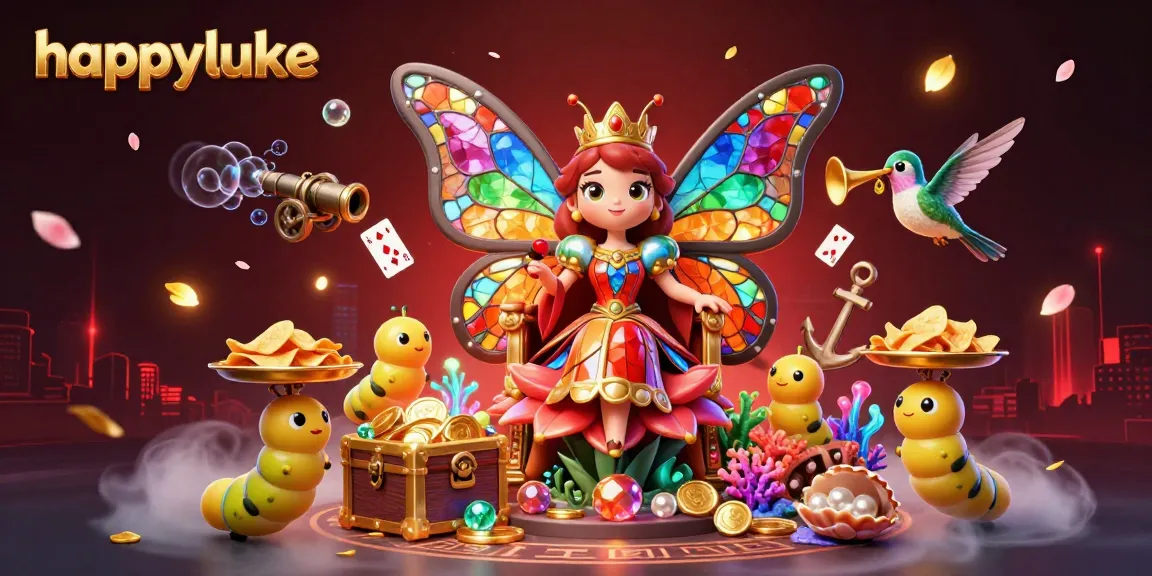 Win big at happyluke with a vibrant illustration showcasing a magical casino scene packed with gems and dynamic game elements.