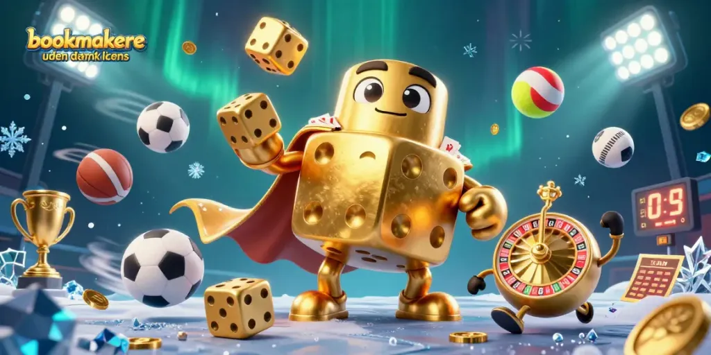 Engage in thrilling gameplay with bookmakere uden dansk licens featuring golden dice, sports balls, and vibrant casino elements.