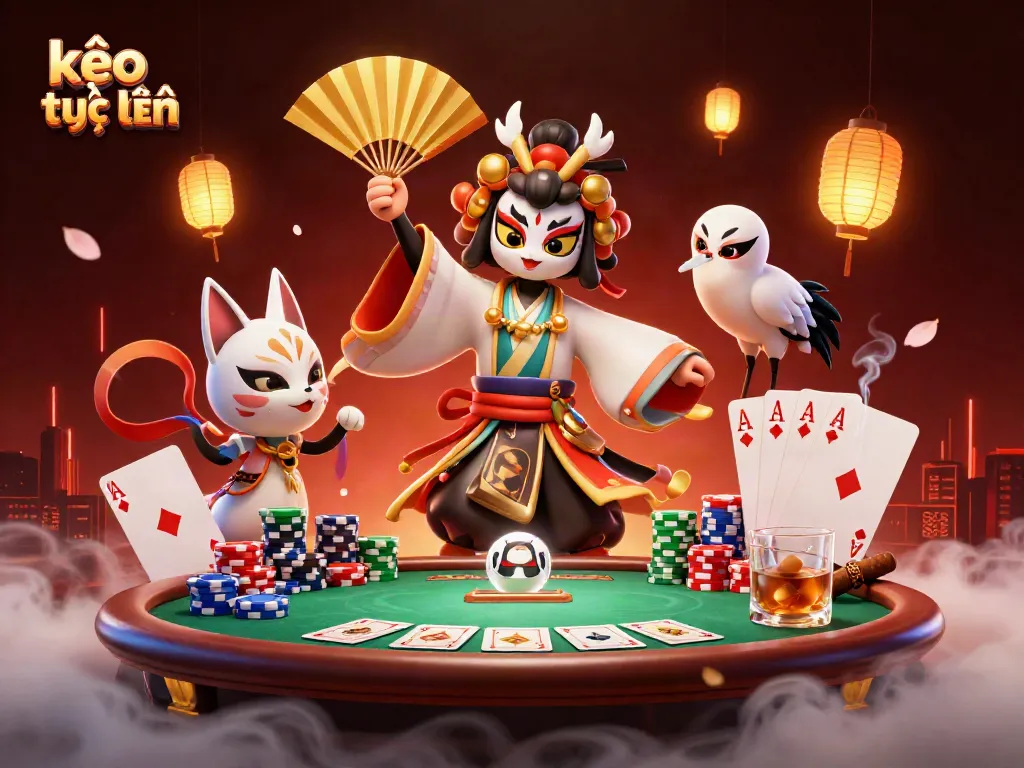 Experience kèo trực tuyến with the vibrant kabuki warrior and kitsune in a dynamic poker scene.