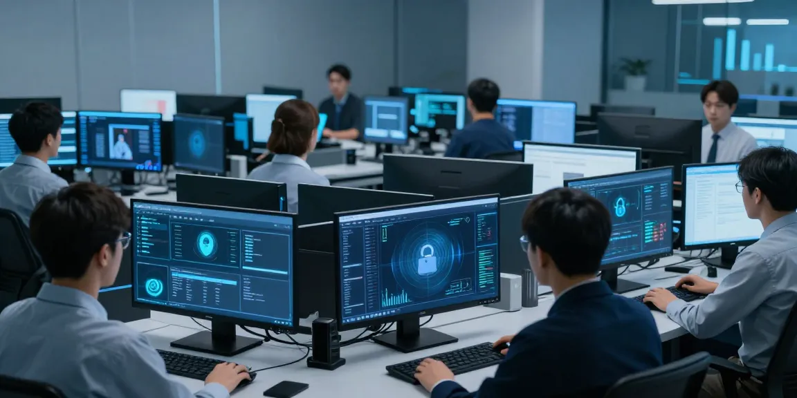 Adversarial emulation analysis in a modern cybersecurity operations environment with professionals and multiple screens.