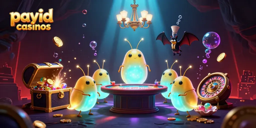 Experience the excitement of payid casinos with glowworms and a bat dealer in a vibrant cave setting.