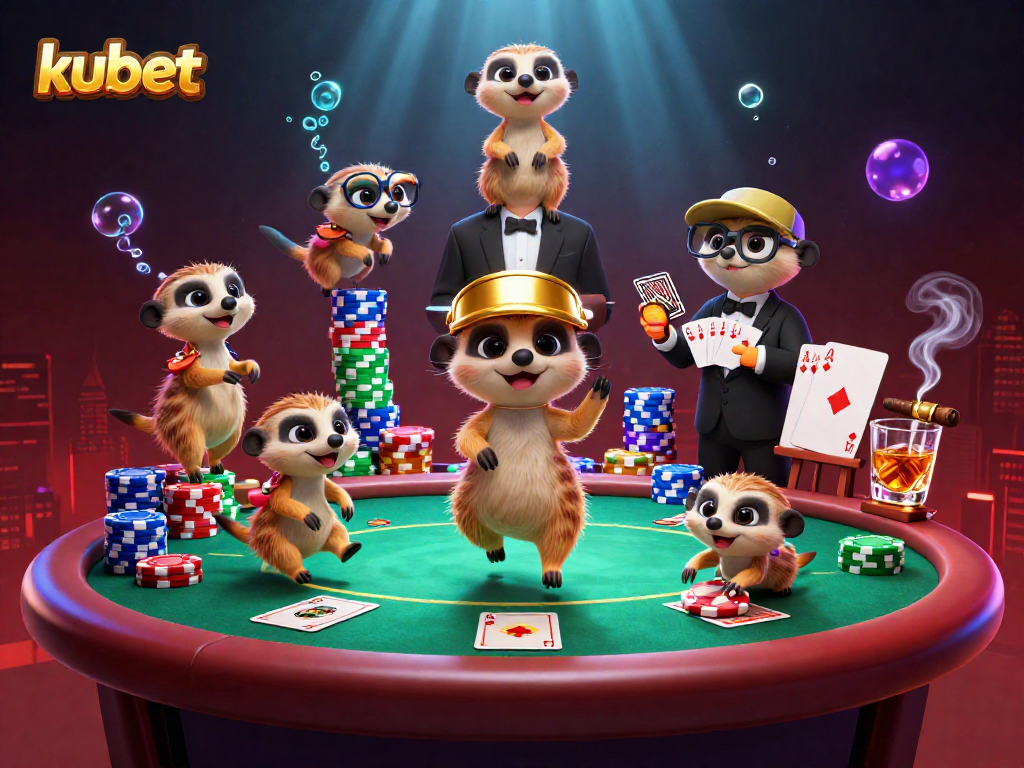 Experience kubet with meerkats managing a vibrant casino scene filled with poker action and excitement.