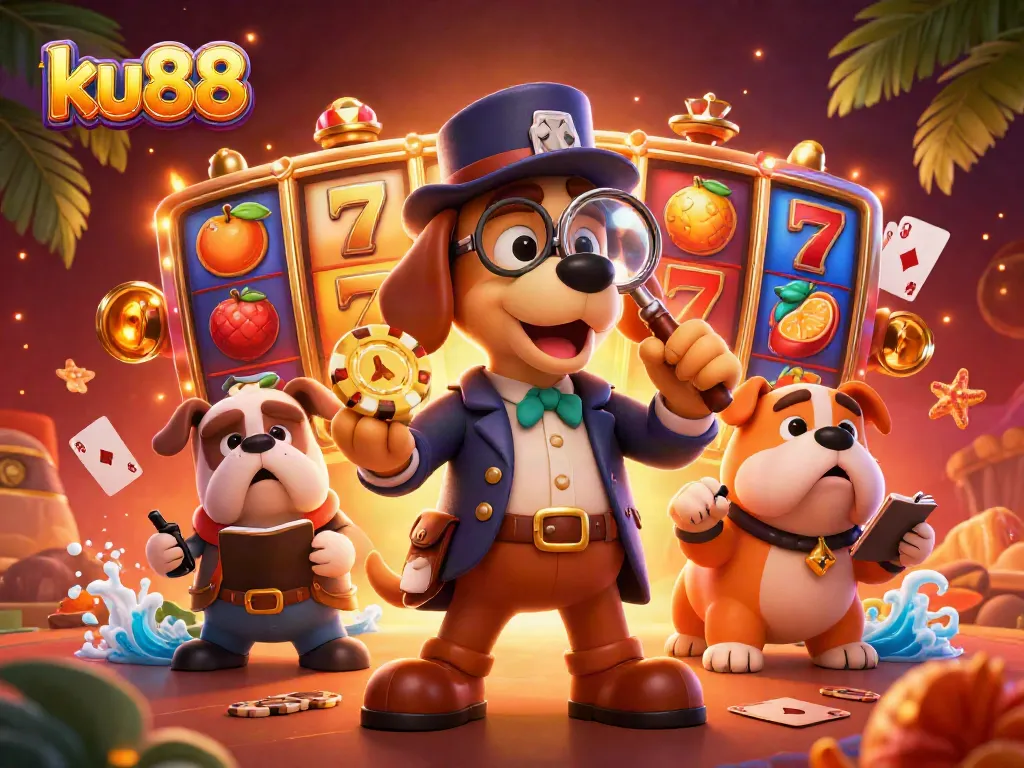 ku88 players examining slots and poker chips in a vibrant casino scene full of excitement.