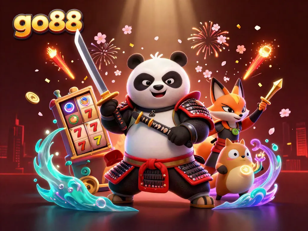 Engage in thrilling gameplay at go88, featuring vibrant 3D characters in a dynamic casino scene.